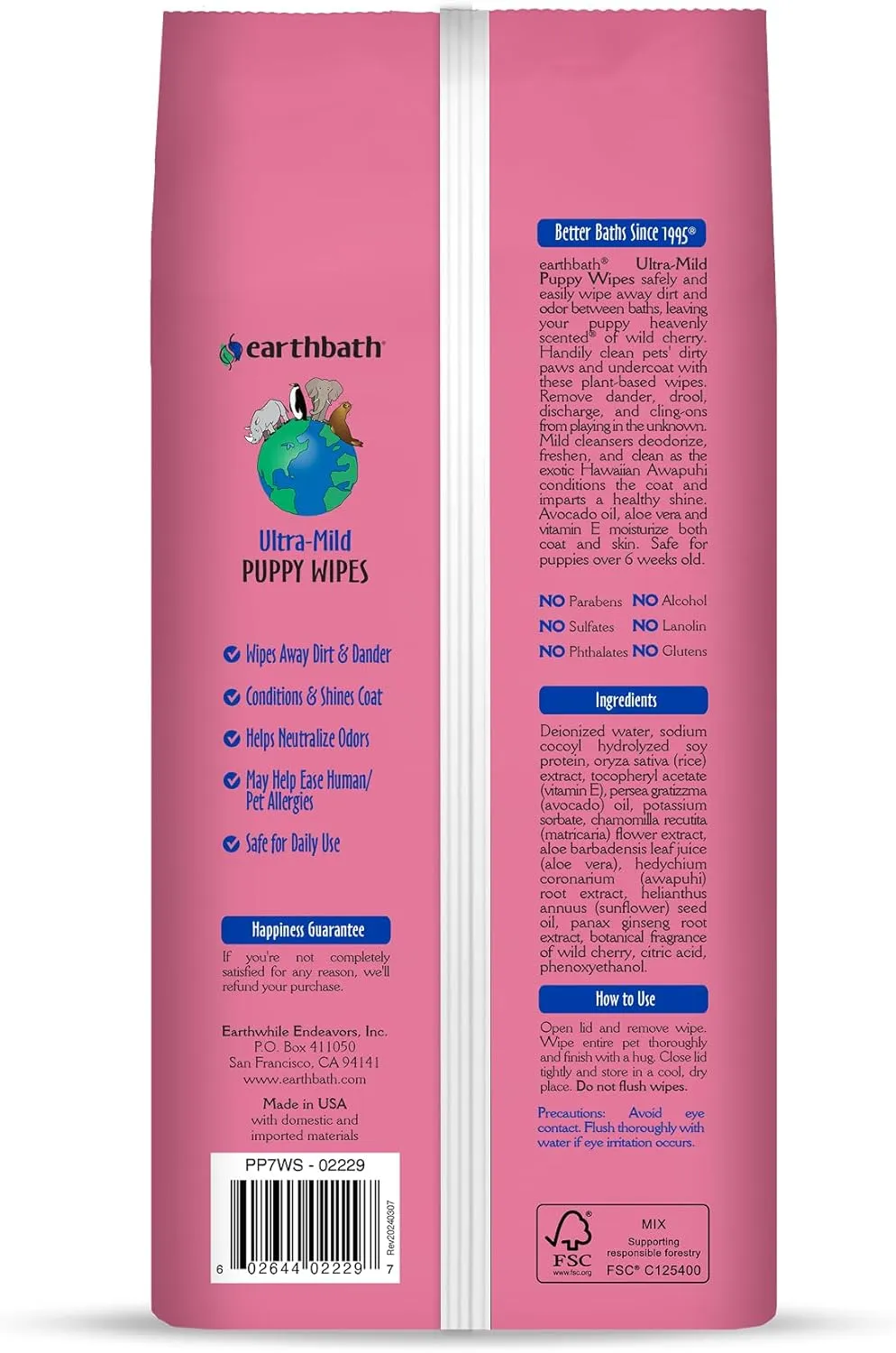 earthbath, Ultra-Mild Wild Cherry Puppy Wipes - Dog Wipes for Paws and Butt, Best Pet Wipes for Dogs & Puppies, Made in USA, Cruelty-Free Dog Cleaning Wipes - 100 Count (2 Pack)