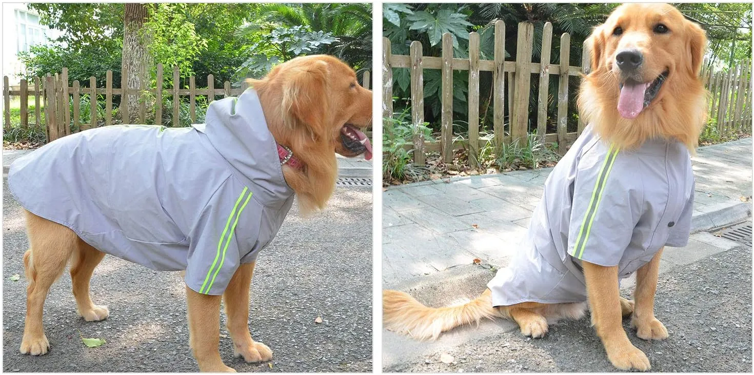 Fashion Hooded Pet Dog Raincoat, Lightweight Dog Rain Jacket Zipper Closure Rain Poncho with Reflective Strip for Small Medium Large Dogs Gray XS