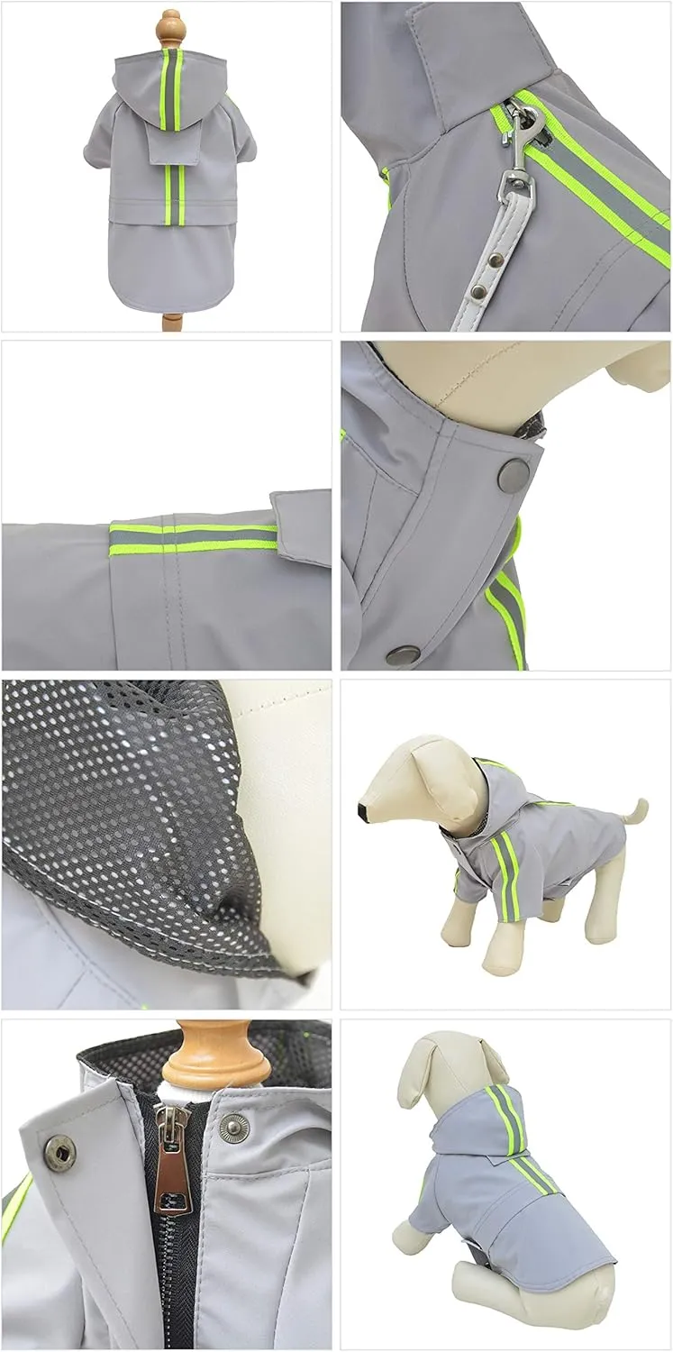 Fashion Hooded Pet Dog Raincoat, Lightweight Dog Rain Jacket Zipper Closure Rain Poncho with Reflective Strip for Small Medium Large Dogs Gray XS