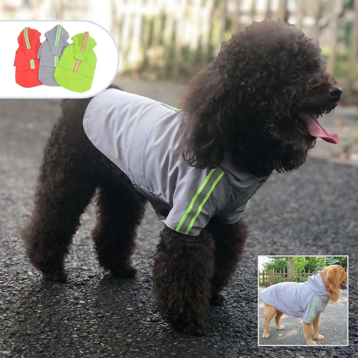 Fashion Hooded Pet Dog Raincoat, Lightweight Dog Rain Jacket Zipper Closure Rain Poncho with Reflective Strip for Small Medium Large Dogs Gray XS
