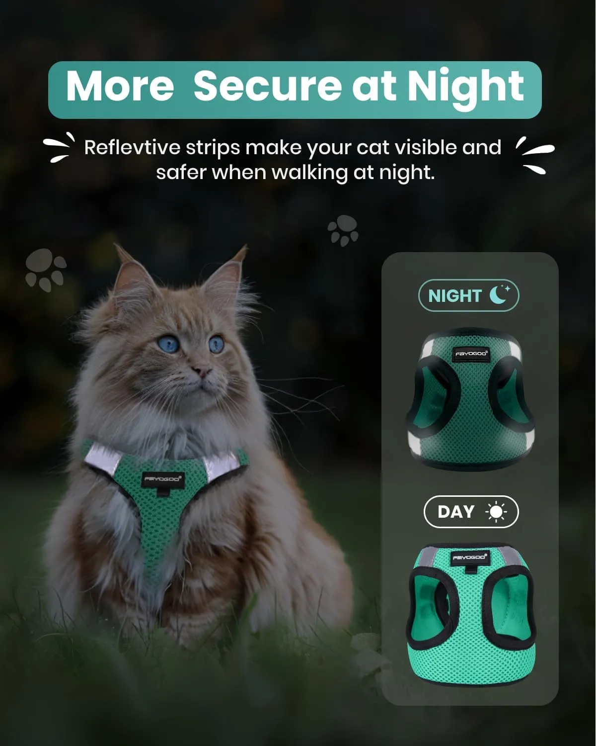 FAYOGOO Cat Harness and Leash Set | Upgrade Step-in Escape Proof Harness | Lightweight Soft Vest, No-Choke Design for Walking, Travel, Camping (Green)