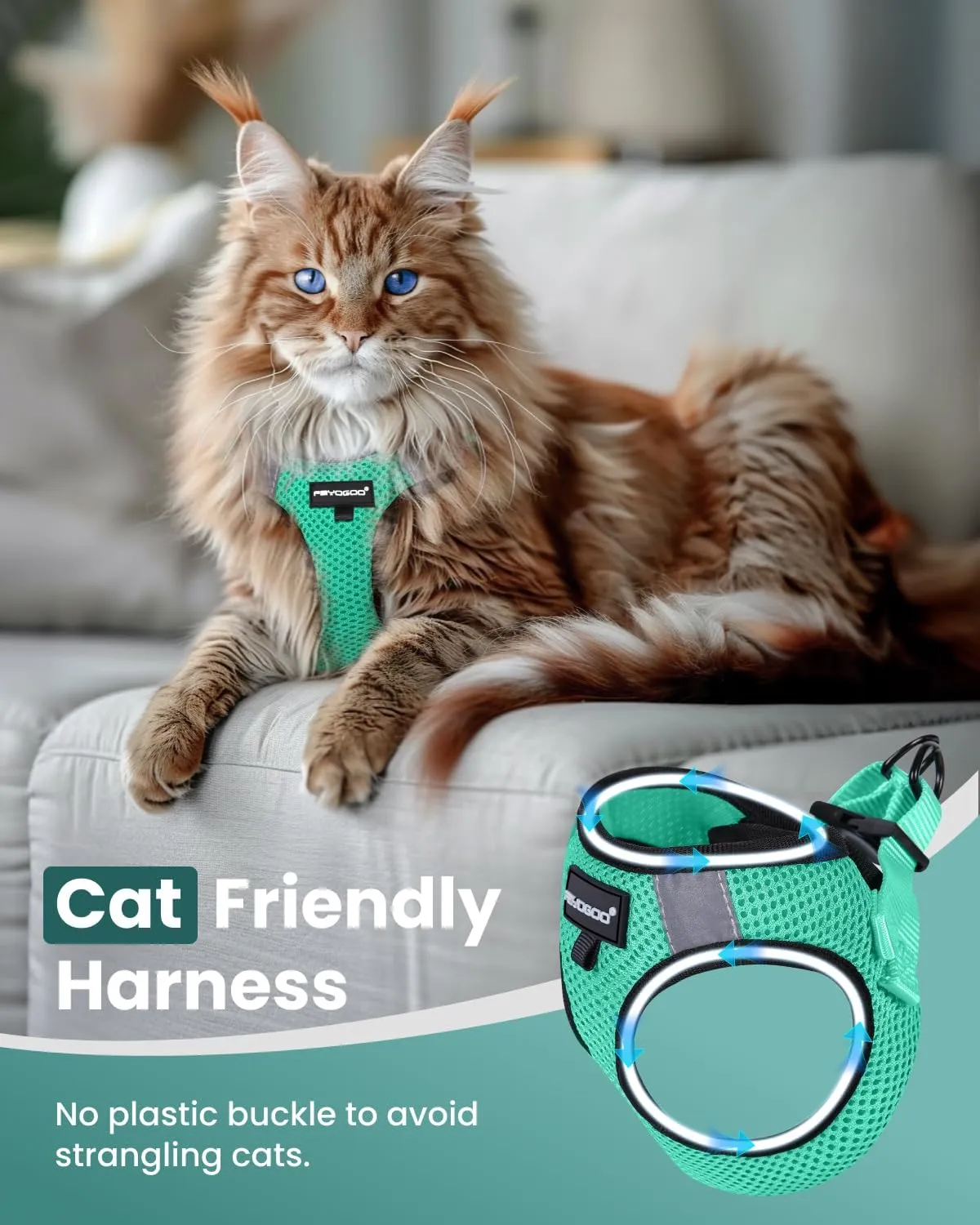 FAYOGOO Cat Harness and Leash Set | Upgrade Step-in Escape Proof Harness | Lightweight Soft Vest, No-Choke Design for Walking, Travel, Camping (Green)
