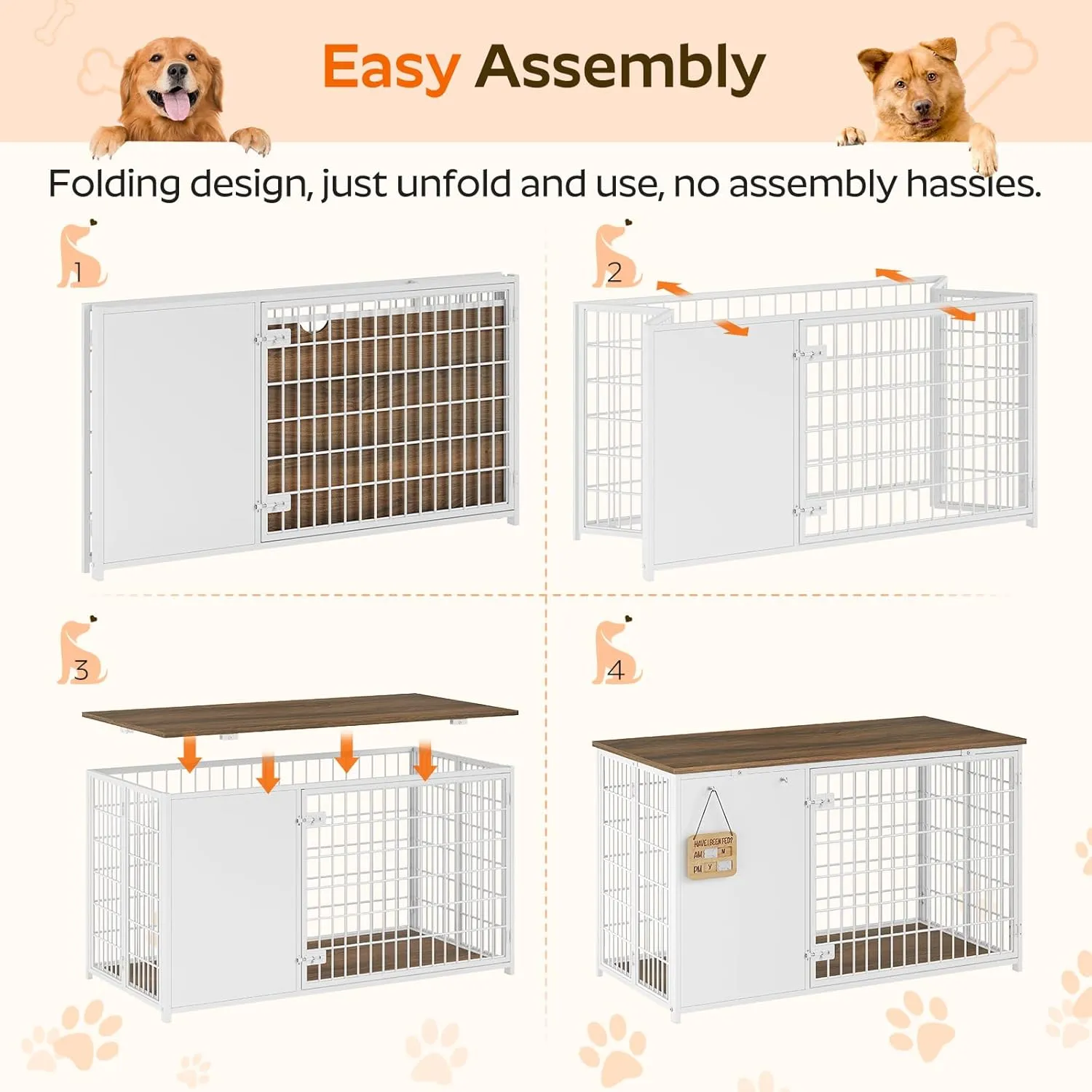 Foldable Dog Crate Furniture, 47.2" Dog Crate with DIY Frame, Heavy Duty Dog Kennel Indoor with Hooks, Wooden Dog Cage End Table, for Small/Medium/Large Dogs, White DC120WH