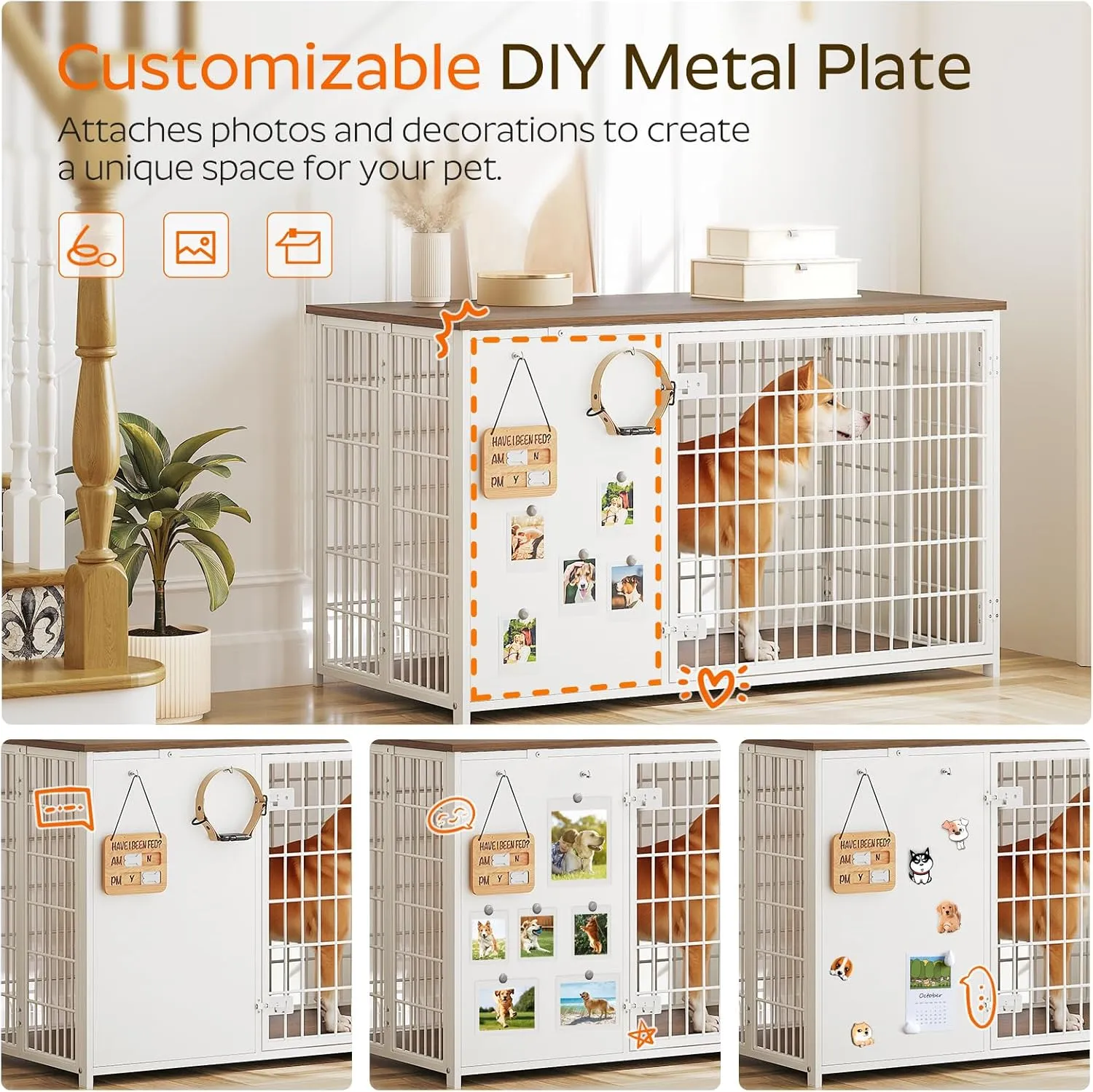 Foldable Dog Crate Furniture, 47.2" Dog Crate with DIY Frame, Heavy Duty Dog Kennel Indoor with Hooks, Wooden Dog Cage End Table, for Small/Medium/Large Dogs, White DC120WH