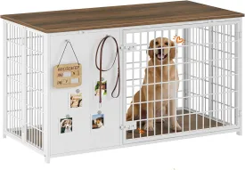 Foldable Dog Crate Furniture, 47.2" Dog Crate with DIY Frame, Heavy Duty Dog Kennel Indoor with Hooks, Wooden Dog Cage End Table, for Small/Medium/Large Dogs, White DC120WH