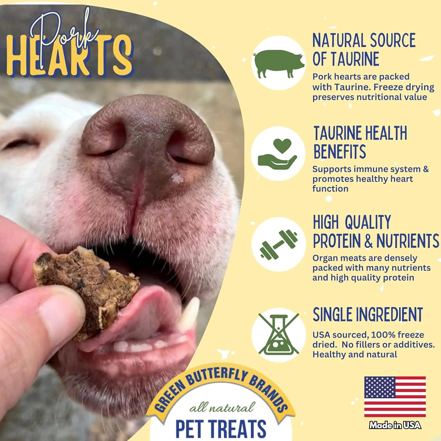 Freeze Dried Pork Heart Dog Treats Made in USA. All Natural Freeze-Dried Raw Snacks for Dogs and Cats. Single Ingredient. High Protein, Heart Health, Irresistible Training Treat
