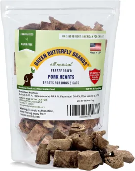 Freeze Dried Pork Heart Dog Treats Made in USA. All Natural Freeze-Dried Raw Snacks for Dogs and Cats. Single Ingredient. High Protein, Heart Health, Irresistible Training Treat