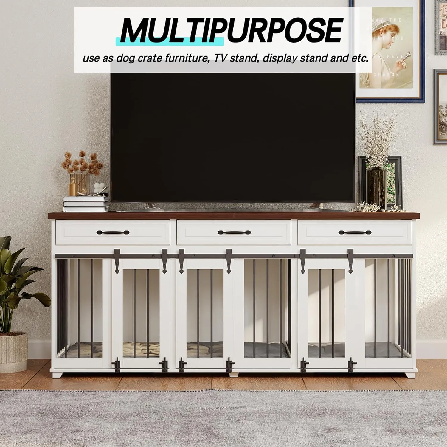 Furniture Style Dog Crate - Indoor Wooden Dog Kennel Crate Furniture with 3 Lockable Sliding Barn Doors, 2 Dividers, 3 Drawers - 72"x23.6"x31.5"H, White