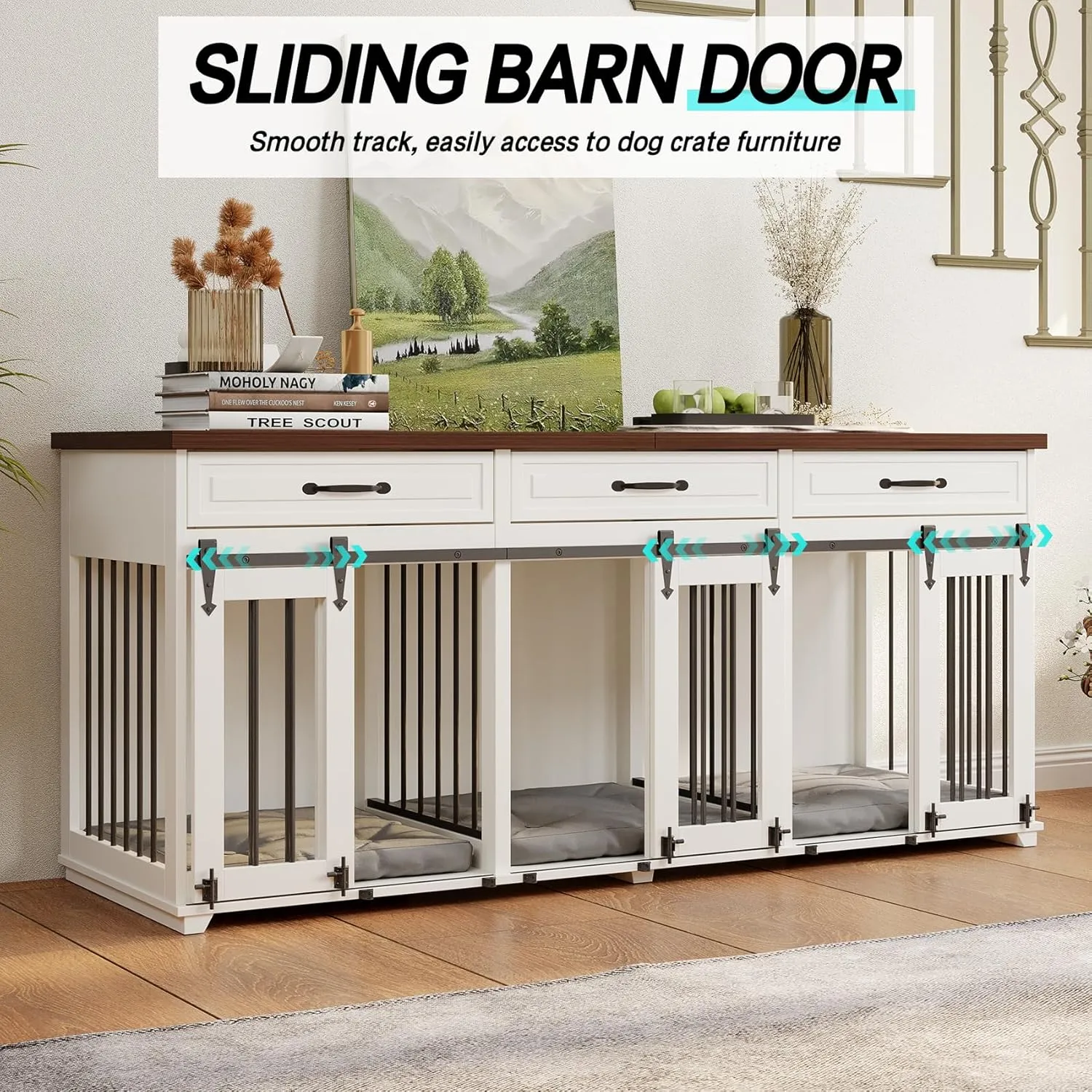 Furniture Style Dog Crate - Indoor Wooden Dog Kennel Crate Furniture with 3 Lockable Sliding Barn Doors, 2 Dividers, 3 Drawers - 72"x23.6"x31.5"H, White
