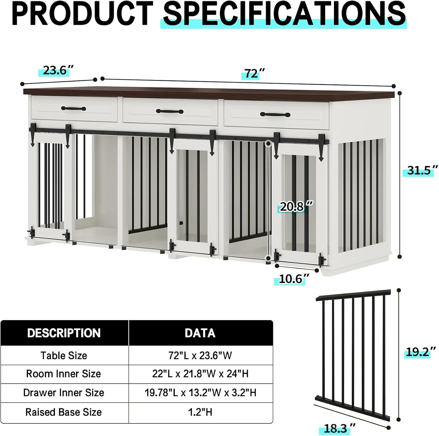 Furniture Style Dog Crate - Indoor Wooden Dog Kennel Crate Furniture with 3 Lockable Sliding Barn Doors, 2 Dividers, 3 Drawers - 72"x23.6"x31.5"H, White