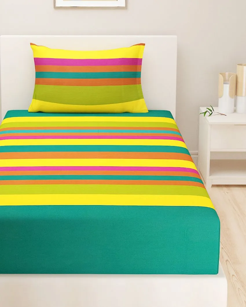 Green Magical Linea Striped Cotton Single Bedsheet With Pillow Cover | 90 x 60 inches