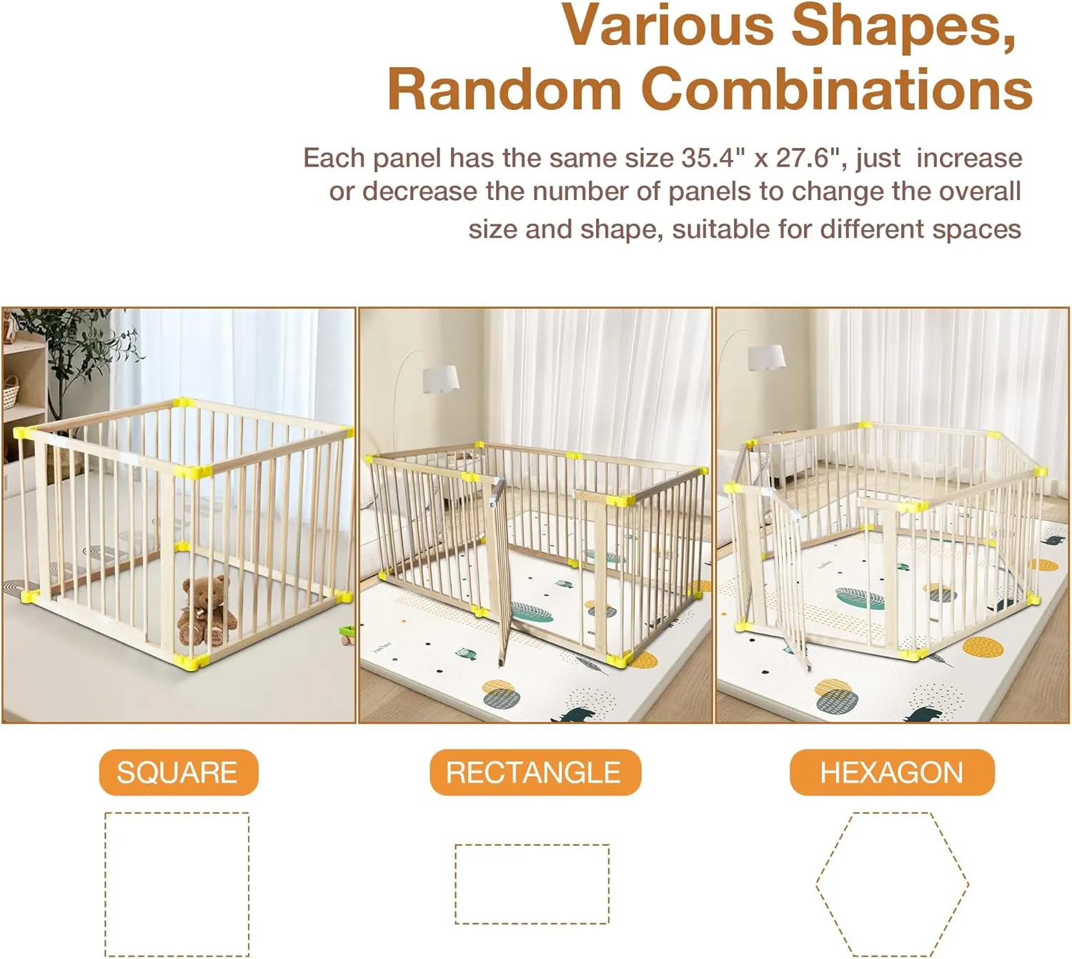 Large Natural Wooden Baby Playpen with Gate & Anti-Slip Bases - Portable Fence & Play Area for Babies and Toddlers, 6 Panels, Adjustable Shape, Height 27.6''