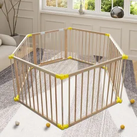 Large Natural Wooden Baby Playpen with Gate & Anti-Slip Bases - Portable Fence & Play Area for Babies and Toddlers, 6 Panels, Adjustable Shape, Height 27.6''