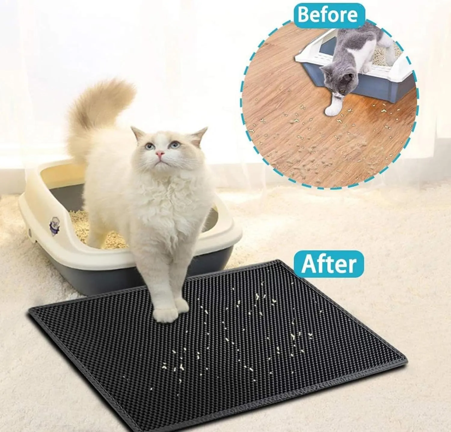 Litter Mat for Litter Box, Honeycomb Double Layer Easy Clean Cat Litter Catcher Less Waste,Soft On Paws,Non-Slip, Cat Litter Trap Mats,Green-L