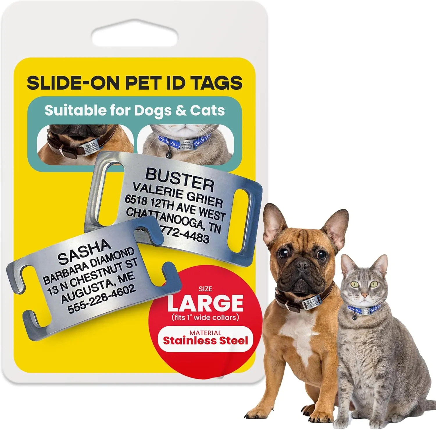 LuckyPet Slide-On Pet ID Tags - Personalized Dog & Cat Tags - Durable Stainless Steel, Noiseless, Large Fits 1 inch Collars, Closed Ends