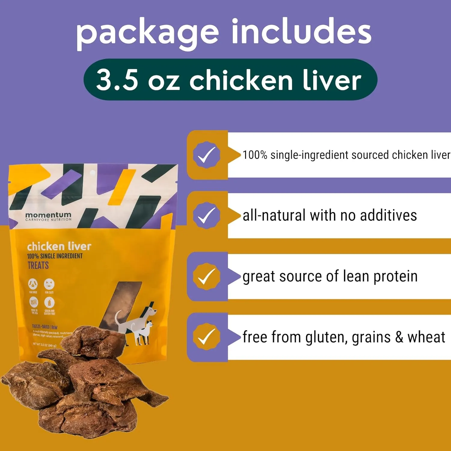 Momentum Carnivore Nutrition Freeze-Dried Chicken Liver Dog Treats  Single-Ingredient, Dog & Cat Treats  High-Protein, Grain-Free 3.5 oz Pack