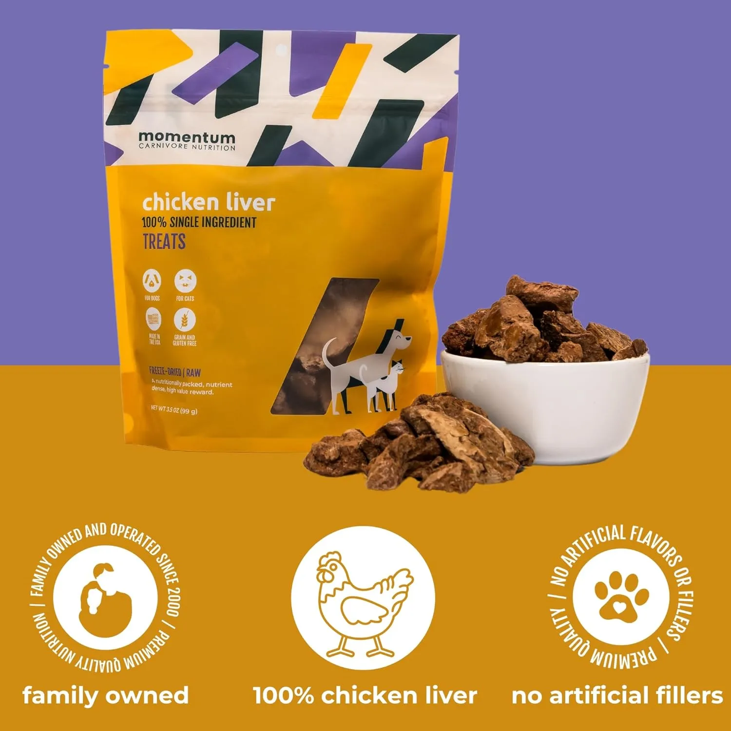 Momentum Carnivore Nutrition Freeze-Dried Chicken Liver Dog Treats  Single-Ingredient, Dog & Cat Treats  High-Protein, Grain-Free 3.5 oz Pack