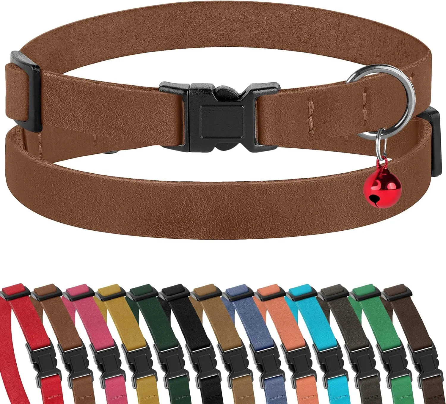 Muromto Breakaway Cat Collar Leather Soft Adjustable Pet Kitten Collars with Bell Pink Brown Blue Green Red (Cognac)