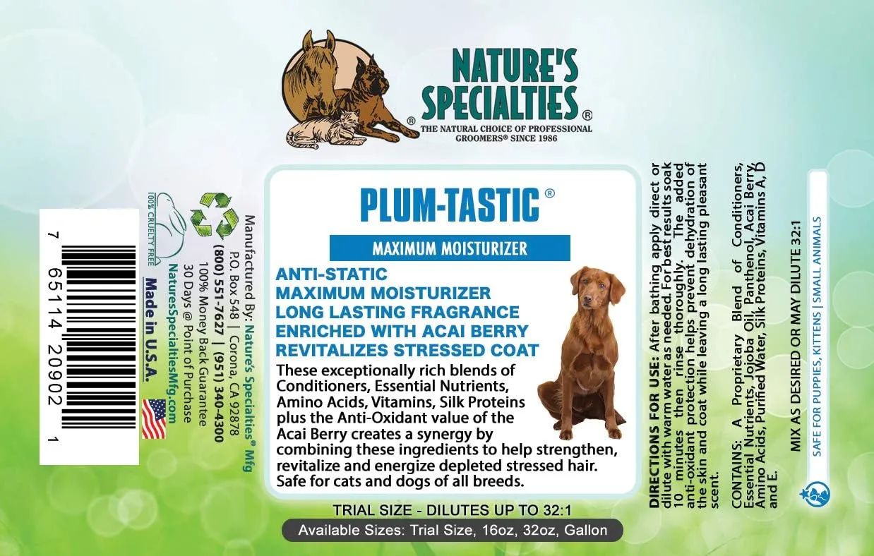 Nature's Specialties Plum-Tastic Ultra Concentrated Dog Conditioner for Pets, Makes up to 32 Gallons, Natural Choice for Professional Groomers, Maximum Moisture, Made in USA, 1 gal