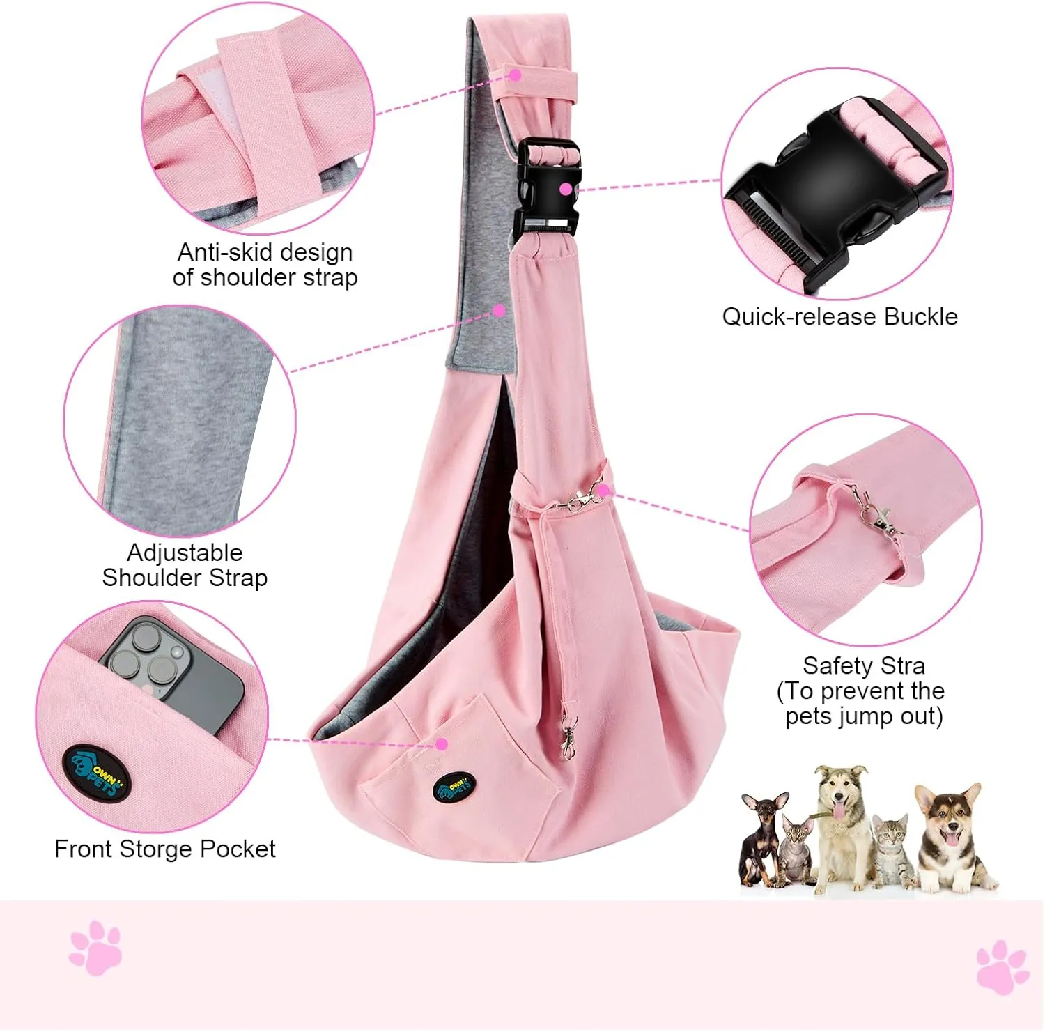 OWNPETS Pink Pet Sling Carrier, Pet Sling Carrier Bag Safe,Fit 10~15lb Cats&Dogs, Comfortable, Adjustable, Perfect for Daily Walk, Outdoor Activity and Weekend Adventure