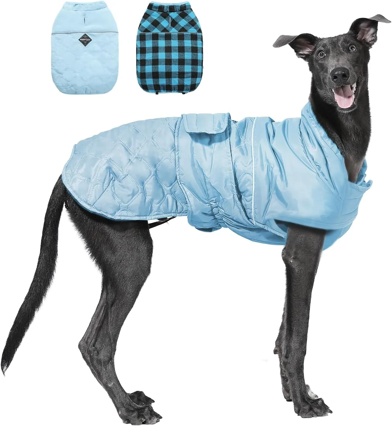 PAWZ Road Dog Winter Coat with 5 Layers Warm Material, Reversible Dog Clothes with 2 Sides, Dog Jacket Outdoor Water Repellent, (Blue Plaid 3XL)