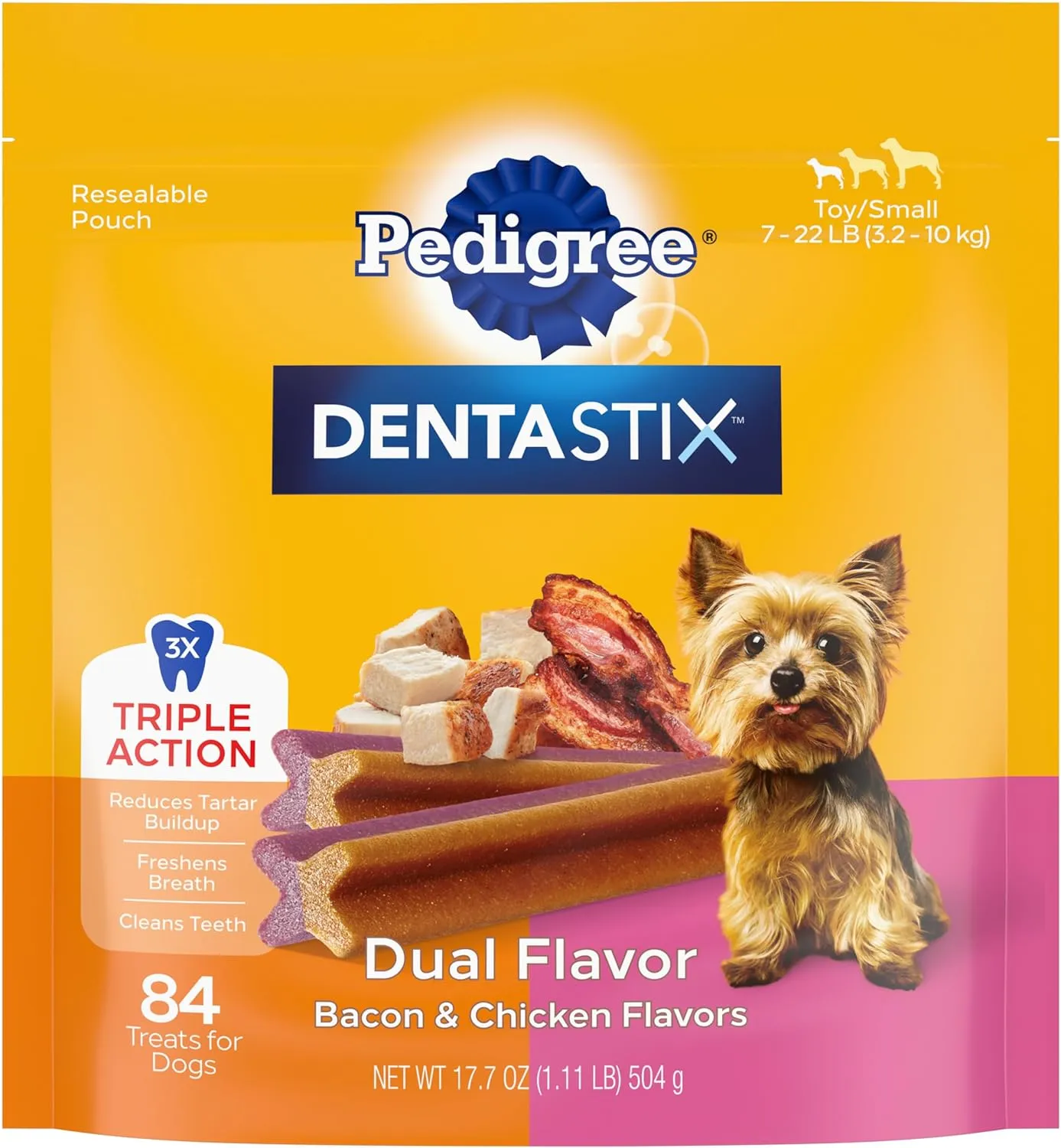 Pedigree Dentastix Dual Flavor Small Breed Dog Treats, Bacon & Chicken, 17.78 oz. Bag (84 Treats, Pack of 1)