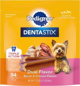 Pedigree Dentastix Dual Flavor Small Breed Dog Treats, Bacon & Chicken, 17.78 oz. Bag (84 Treats, Pack of 1)