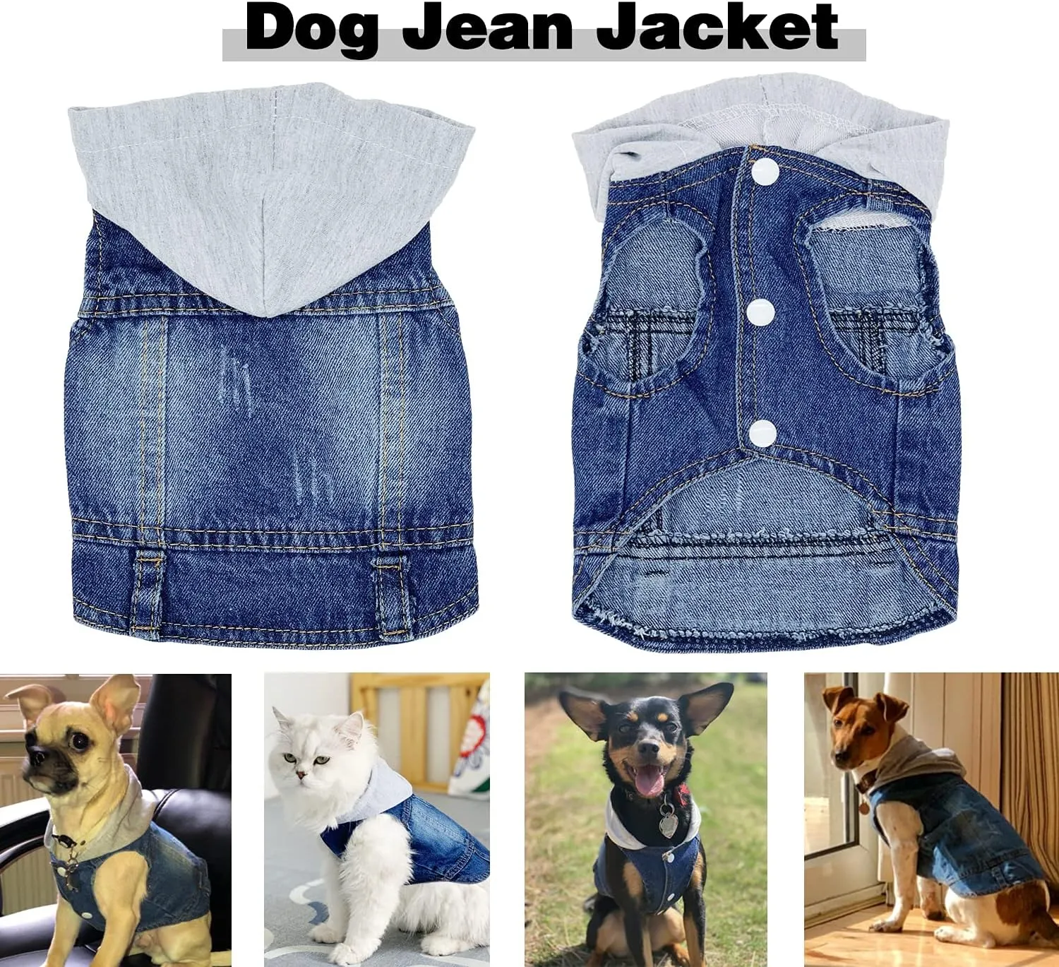 Pet Clothes Dog Jeans Jacket Cool Blue Denim Hoodie Coat, Puppy Clothing Shirt Costume, Doggy Vintage Washable Lapel Vest, Dog Classic T-Shirt Apparel for Small Medium Dogs Cats (Blue, Large)