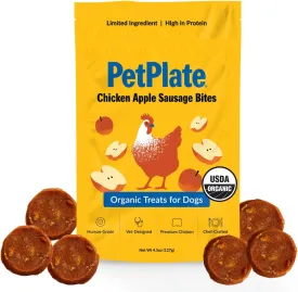PetPlate Chicken Apple Sausage Bites, Human Grade Dog Treats, All Life Stages, Grain-Free, Organic and Real Ingredients, High Protein, Healthy Snacks (Pack of 1, 4.5 Ounce)