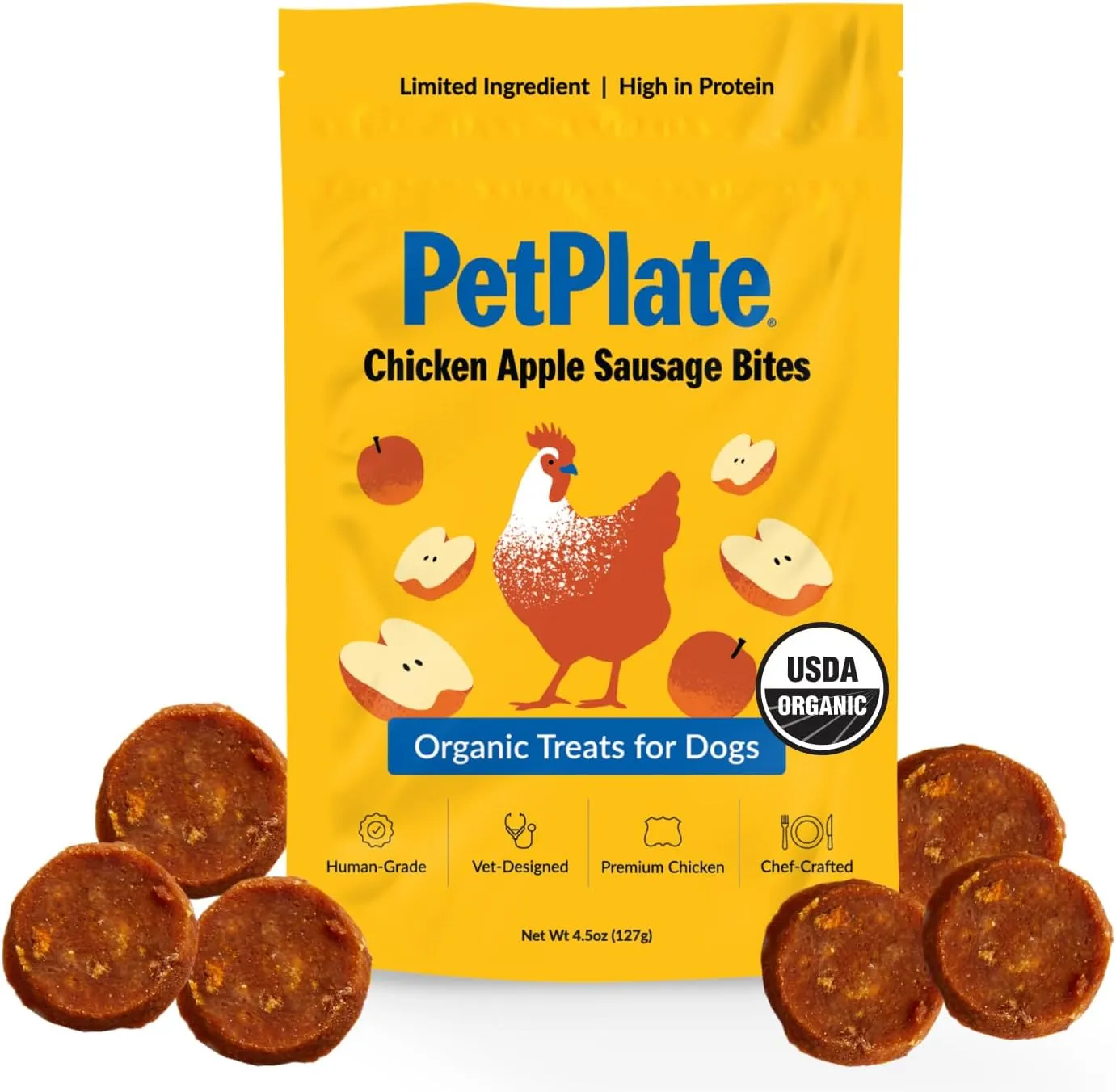 PetPlate Chicken Apple Sausage Bites, Human Grade Dog Treats, All Life Stages, Grain-Free, Organic and Real Ingredients, High Protein, Healthy Snacks (Pack of 1, 4.5 Ounce)