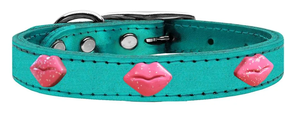 Pink Glitter Lips Widget Genuine Metallic Leather Dog Collar Turquoise 20