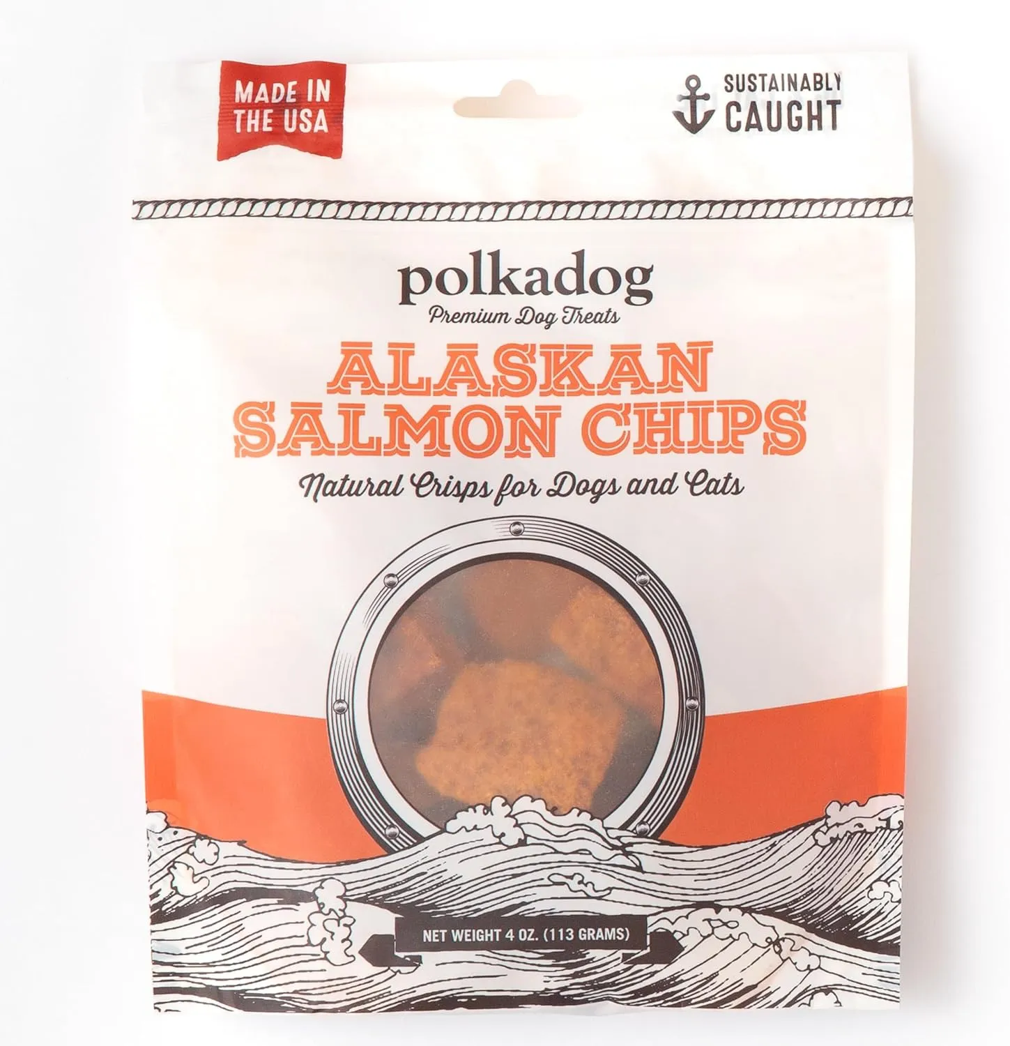 Polkadog Crunchy Alaskan Salmon Chips, Dog Treats  100% Wild-Caught Fish Treat for Dogs, Cats  All-Natural, Grain-Free, Gluten-Free Pet Chips  Single Ingredient Snacks  4 oz.
