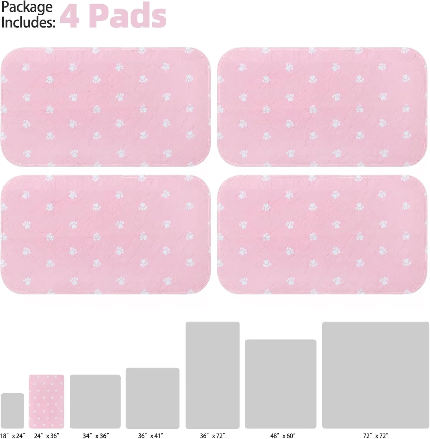 PUPTECK Washable Pee Pads for Dogs - Waterproof Reusable Puppy Potty Training Pads Whelping Mat - Fast Absorption Non-Slip Pet Food Feeding Mat (Pink, 24x36 Inch (Pack of 4))