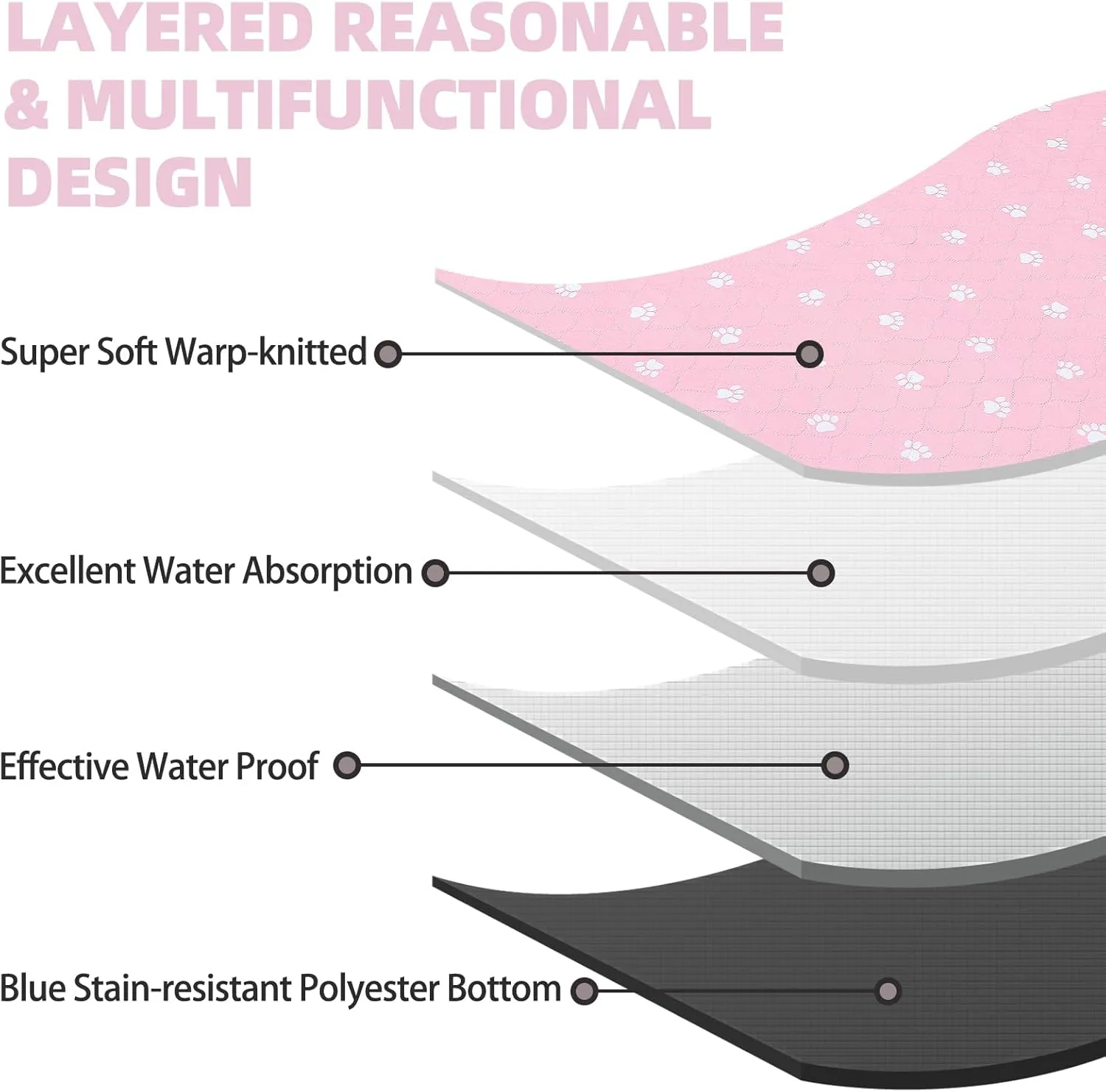 PUPTECK Washable Pee Pads for Dogs - Waterproof Reusable Puppy Potty Training Pads Whelping Mat - Fast Absorption Non-Slip Pet Food Feeding Mat (Pink, 24x36 Inch (Pack of 4))