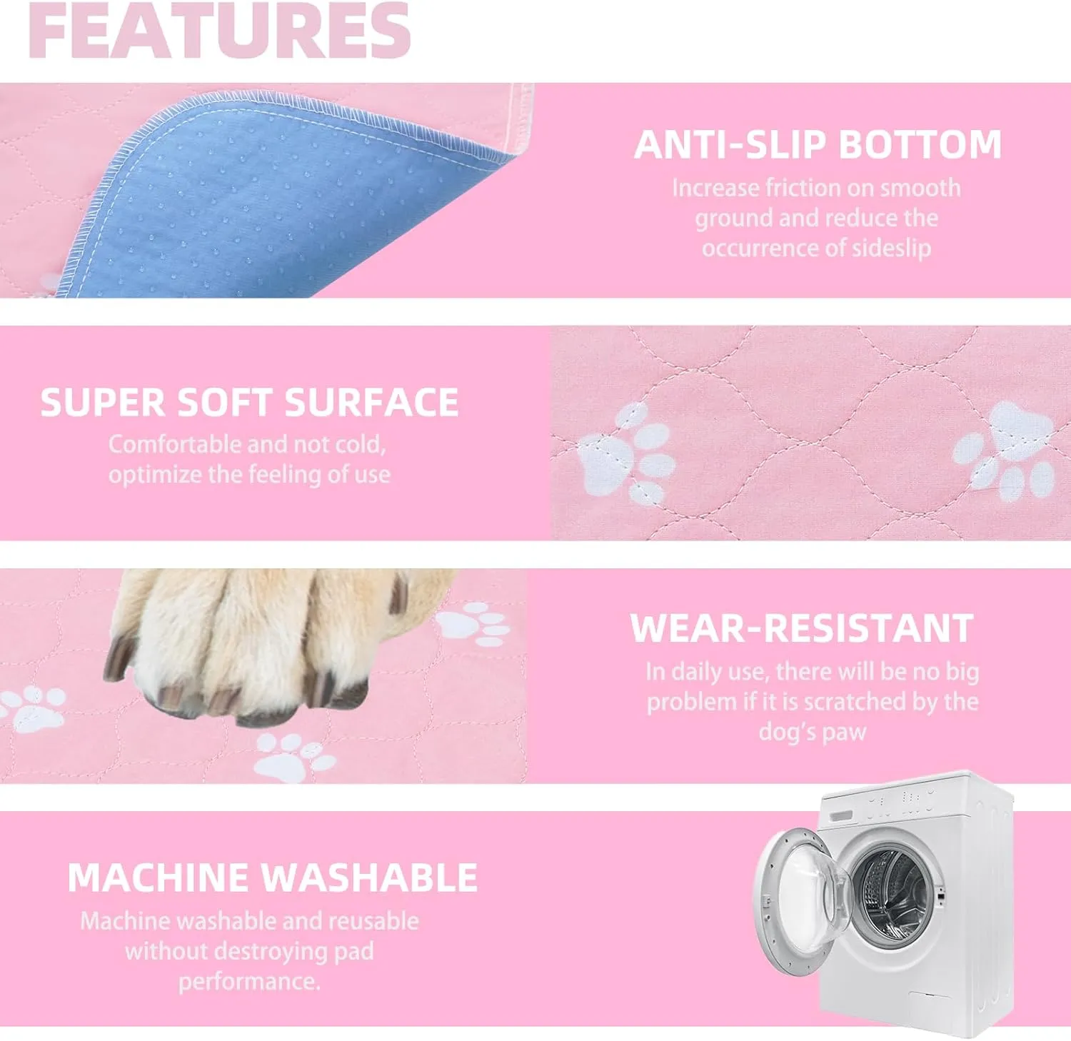PUPTECK Washable Pee Pads for Dogs - Waterproof Reusable Puppy Potty Training Pads Whelping Mat - Fast Absorption Non-Slip Pet Food Feeding Mat (Pink, 24x36 Inch (Pack of 4))