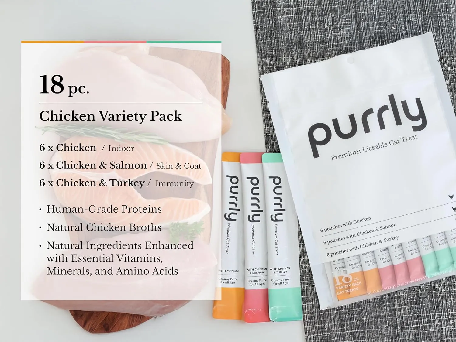 Purrly Lickable Wet Cat Treats Healthy Grain-Free Chicken Variety Pack (18 Count) Squeezable Creamy Pure with Human-Grade Protein Sources and Functional Nutrients Non-GMO No-Artificial-Additives
