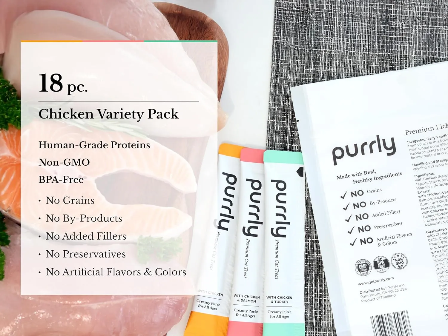 Purrly Lickable Wet Cat Treats Healthy Grain-Free Chicken Variety Pack (18 Count) Squeezable Creamy Pure with Human-Grade Protein Sources and Functional Nutrients Non-GMO No-Artificial-Additives