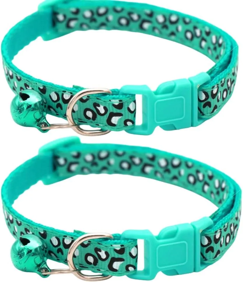 Reflective 2 Pack Breakaway Cat Collars with Bell Leopard Pattern Cute Kitty Adjustable 7.5-12.5 Inch Safe Kitten Collars Charms (Turquoise)
