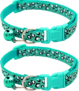 Reflective 2 Pack Breakaway Cat Collars with Bell Leopard Pattern Cute Kitty Adjustable 7.5-12.5 Inch Safe Kitten Collars Charms (Turquoise)