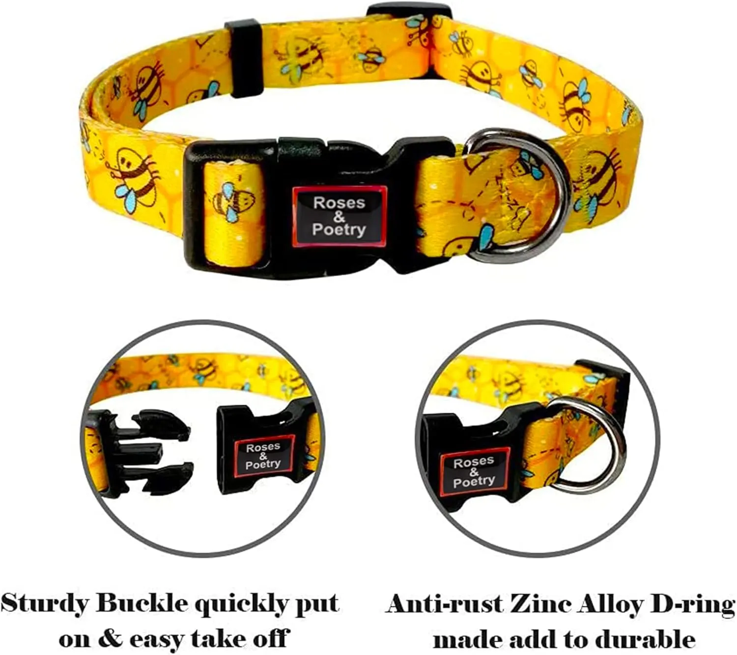 Roses&Poetry Dog Collar with Colourful Bee Patterns, Adjustable Durable Puppy Collars for Small Medium Large Dogs (Bee-XS)