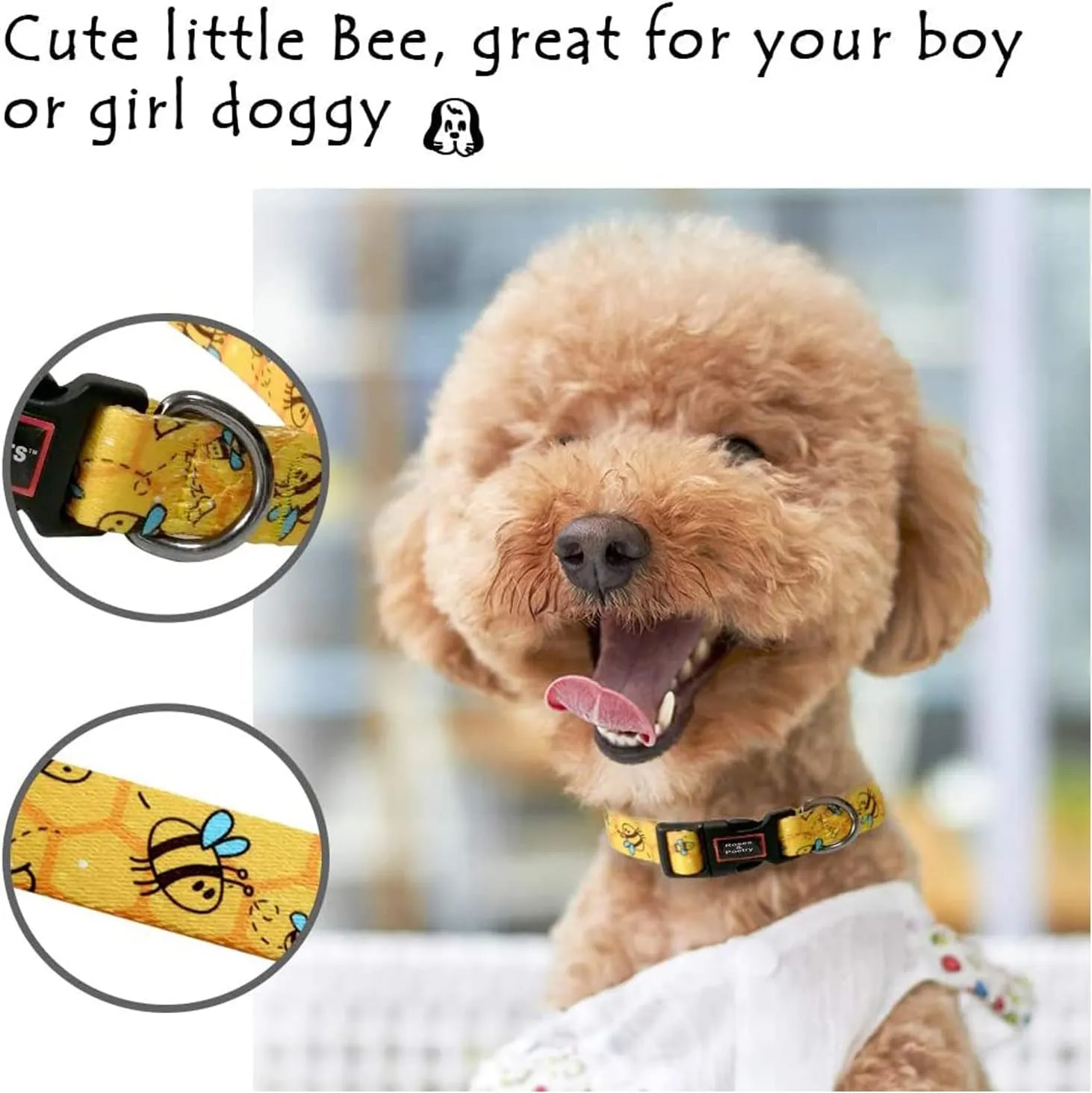 Roses&Poetry Dog Collar with Colourful Bee Patterns, Adjustable Durable Puppy Collars for Small Medium Large Dogs (Bee-XS)
