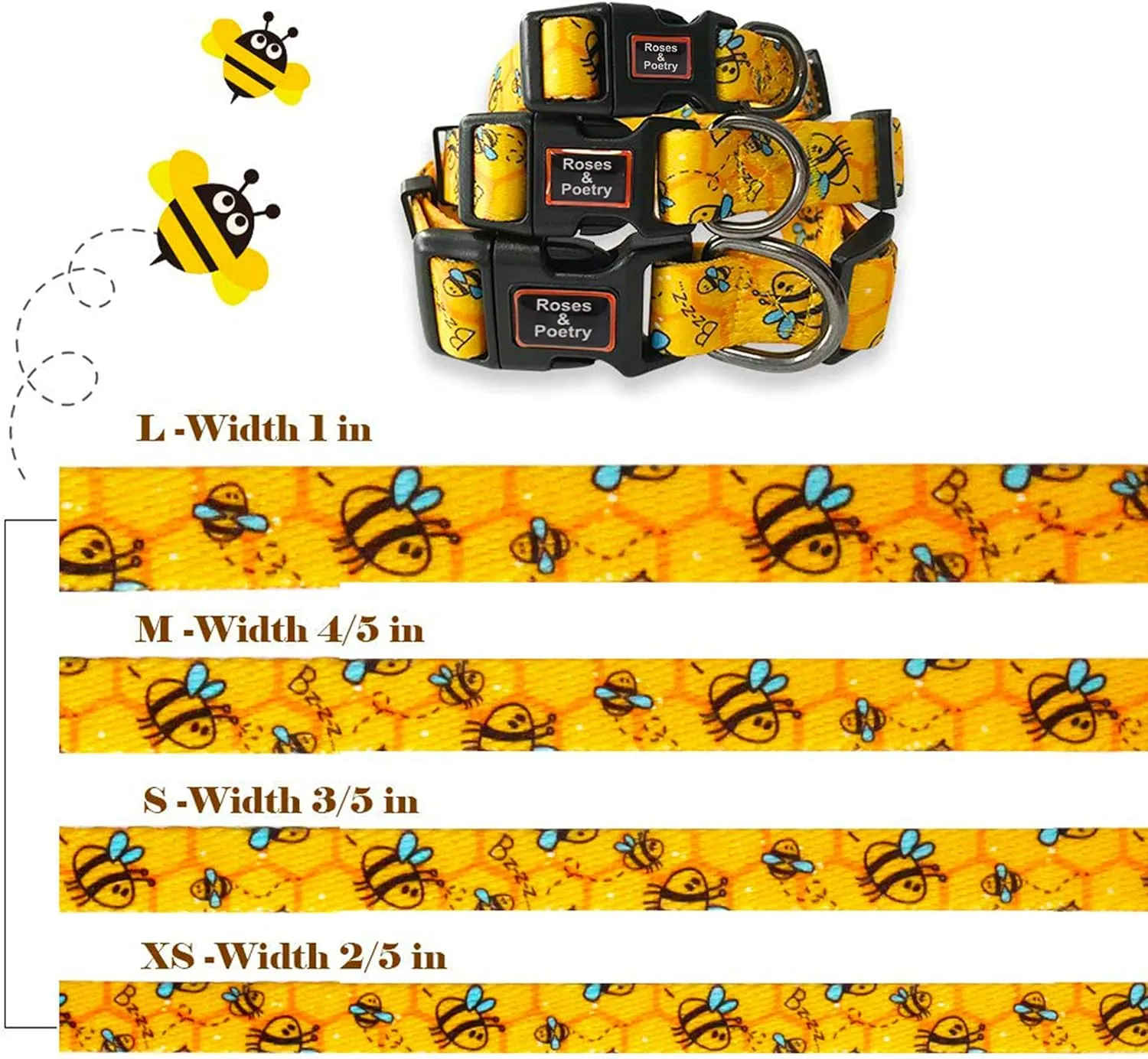 Roses&Poetry Dog Collar with Colourful Bee Patterns, Adjustable Durable Puppy Collars for Small Medium Large Dogs (Bee-XS)