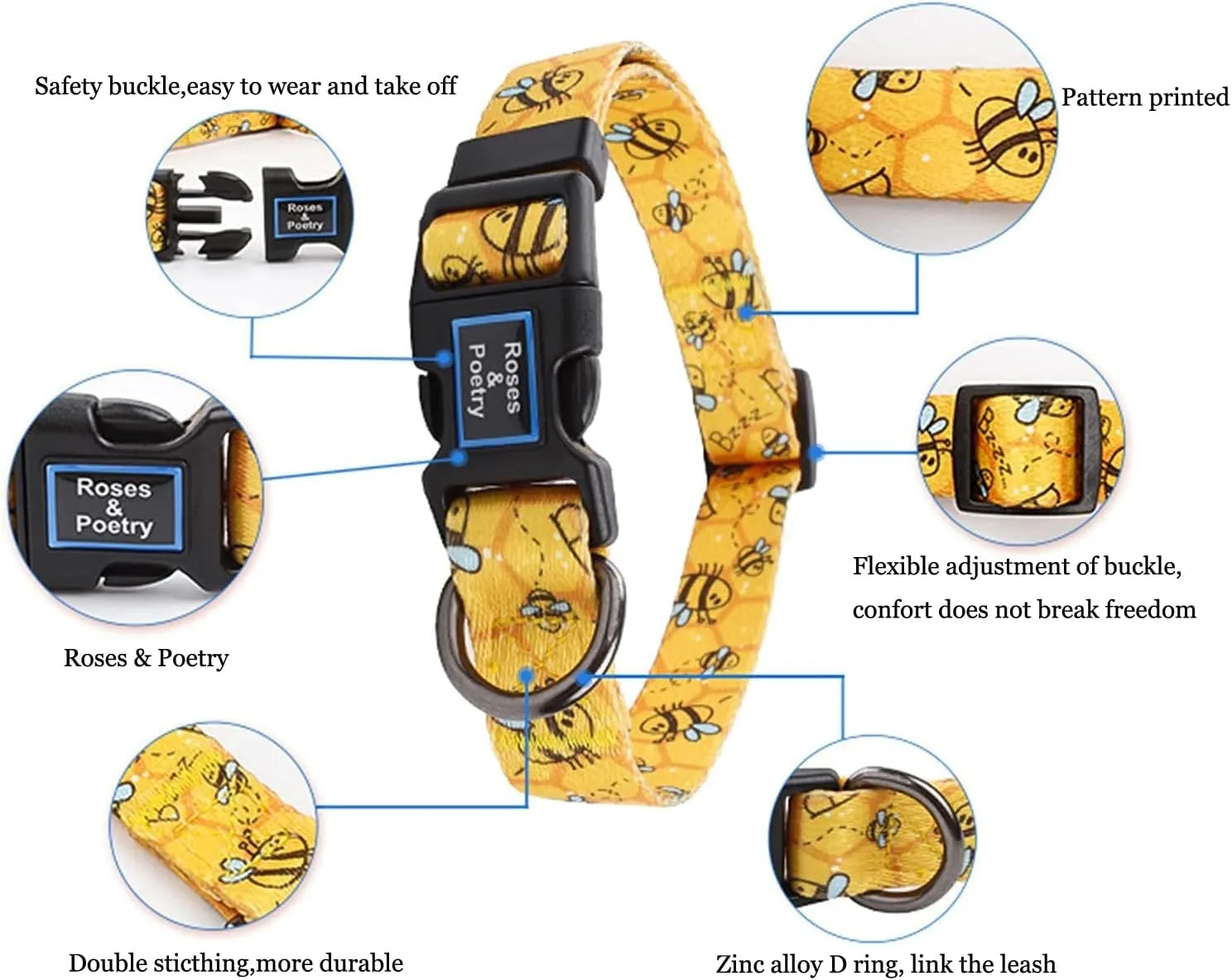 Roses&Poetry Dog Collar with Colourful Bee Patterns, Adjustable Durable Puppy Collars for Small Medium Large Dogs (Bee-XS)