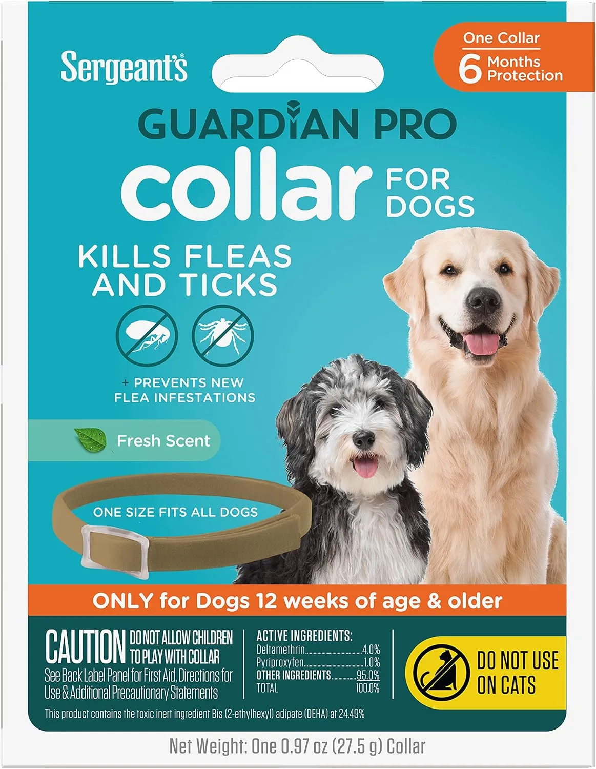 Sergeant's Guardian Pro Flea & Tick Collar for Dogs, Kills Fleas & Ticks, Long Lasting Protection for 6 Months, Fresh Scent, One Size Fits All, 1 Collar