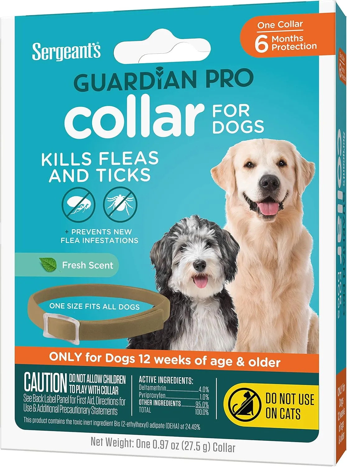 Sergeant's Guardian Pro Flea & Tick Collar for Dogs, Kills Fleas & Ticks, Long Lasting Protection for 6 Months, Fresh Scent, One Size Fits All, 1 Collar