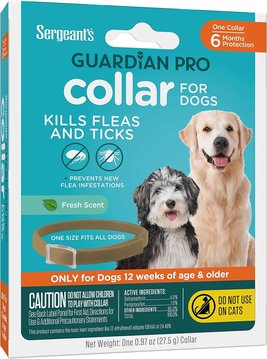 Sergeant's Guardian Pro Flea & Tick Collar for Dogs, Kills Fleas & Ticks, Long Lasting Protection for 6 Months, Fresh Scent, One Size Fits All, 1 Collar