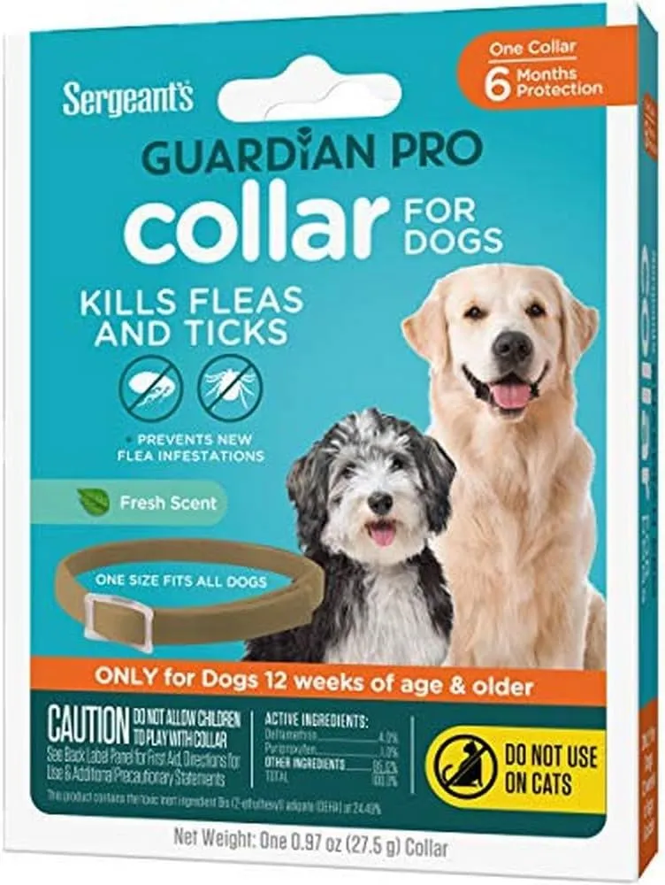 Sergeant's Guardian Pro Flea & Tick Collar for Dogs, Kills Fleas & Ticks, Long Lasting Protection for 6 Months, Fresh Scent, One Size Fits All, 1 Collar