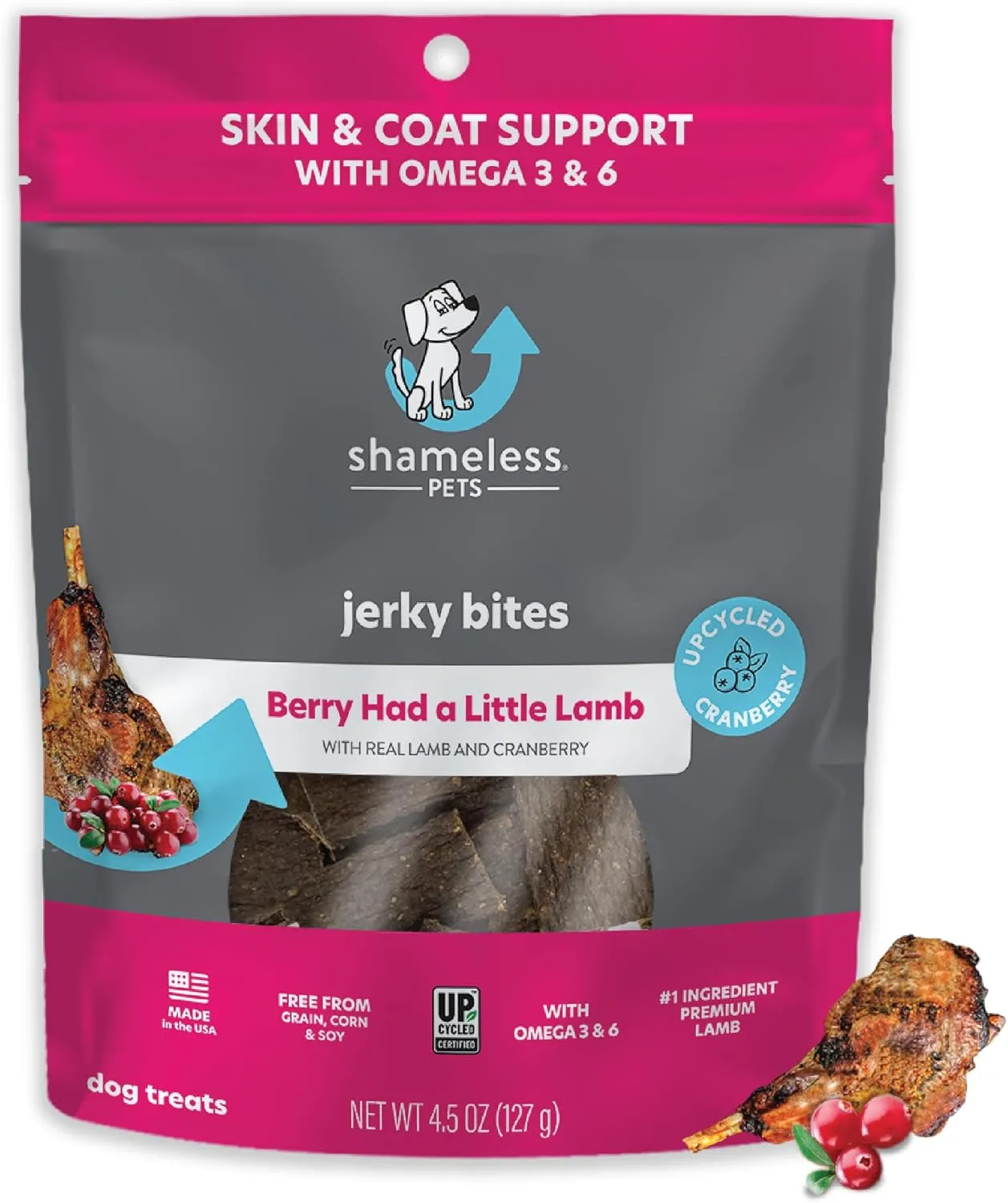 Shameless Pets Jerky Dog Treats, Berry Had A Little Lamb - Healthy Dog Chews for Skin & Coat Support with Omega 3 and 6 - with Real Premium Lamb and Cranberries - Free from Corn & Soy - 1-Pack
