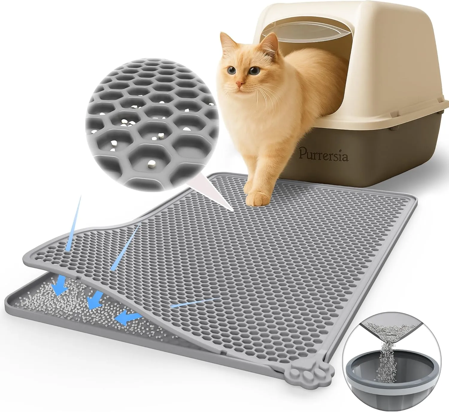 Silicone Cat Litter Trapping MatEasy to Clean Double Layer Detachable Mat for Litter Box Soft on Paws & Non-Slip Kitty Litter Mat for Floor (24x15 inch)