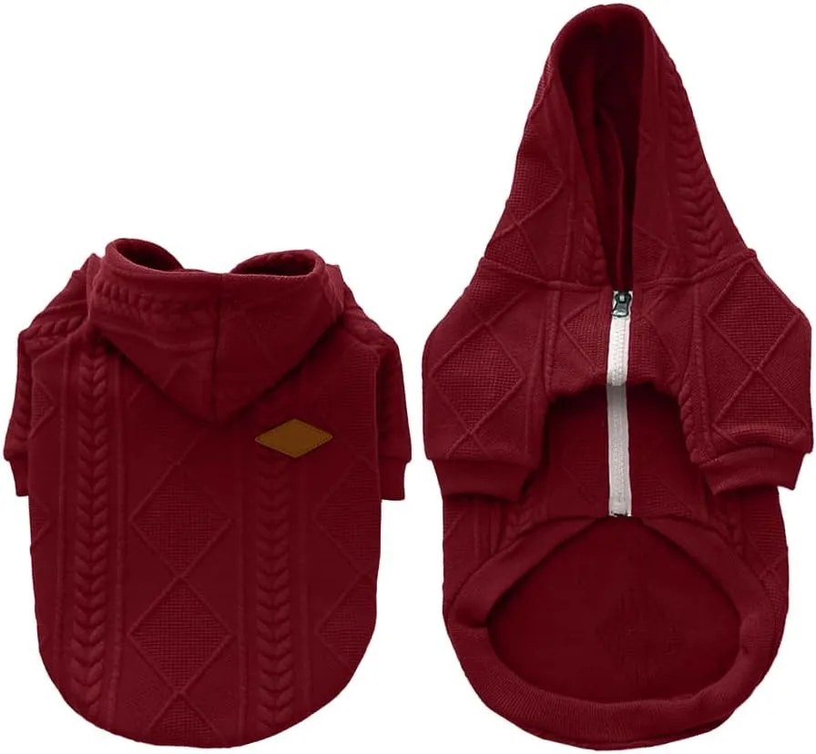 Small Dog Sweater Knitted Pet Sweaters Warm Dog Clothes with Zipper, Hooded Sweatshirt Cable Knitwear Puppy Winter Coat for Small Dogs Girl Boy Soft Cat Apparel(XL, Red)